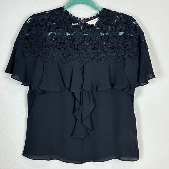 Rebecca Taylor Black Silk Georgette Lace Ruffle Short Sleeve Blouse 4 - Picture 1 of 8